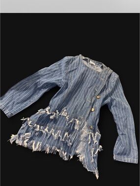 Striped Distressed Denim Jacket in Blue